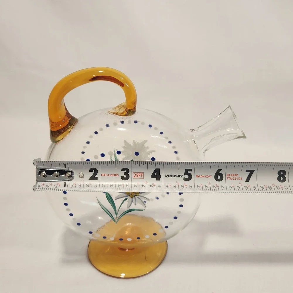 Vintage Hand Painted Edelweiss Glass Decanter or Vase Amber Handle Pitcher 8.5in